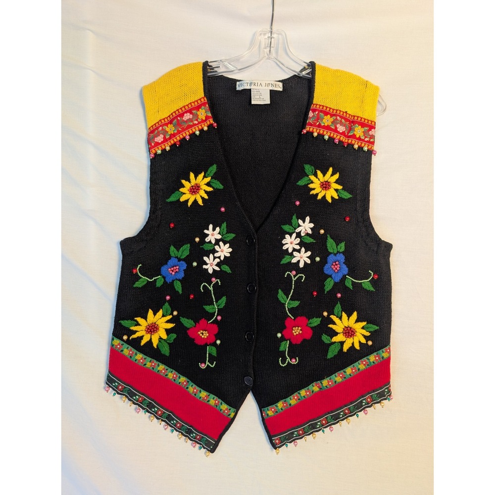 Vintage Victoria Jones Novelty Holiday Sweater Vest L Black Cottagecore Festive